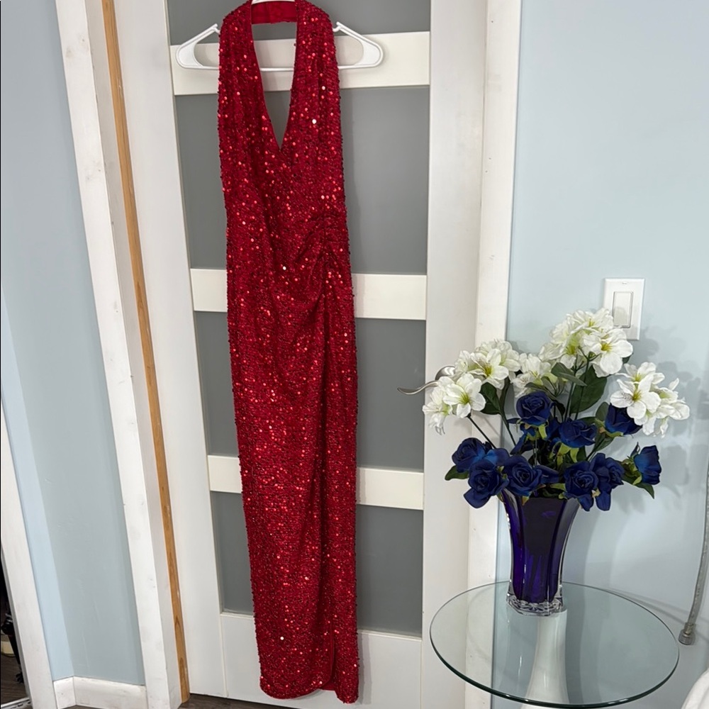 Fashion Nova Red Sequin Halter Prom Dress